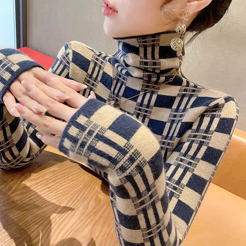 Women Clothing Turtleneck Slim Sweaters 2024 Spring Plaid Knitted Elasticity Comfortable Pullovers Chic Casual Y2k Knitwear Tops