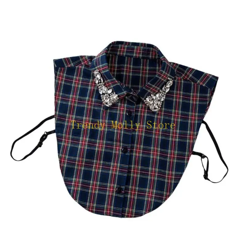 N5KB Stylish Plaids Pattern Collar Inlaid With Shimmering Crystals Comfortable Daily Wear