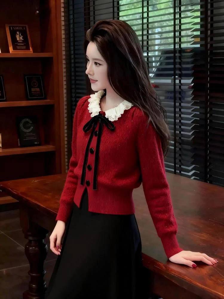 

Женский свитер с красным узлом, свободный крой, осень-зима, новый вязаный свитер Sle Lazy Sle, повседневный, удобный для путешествий