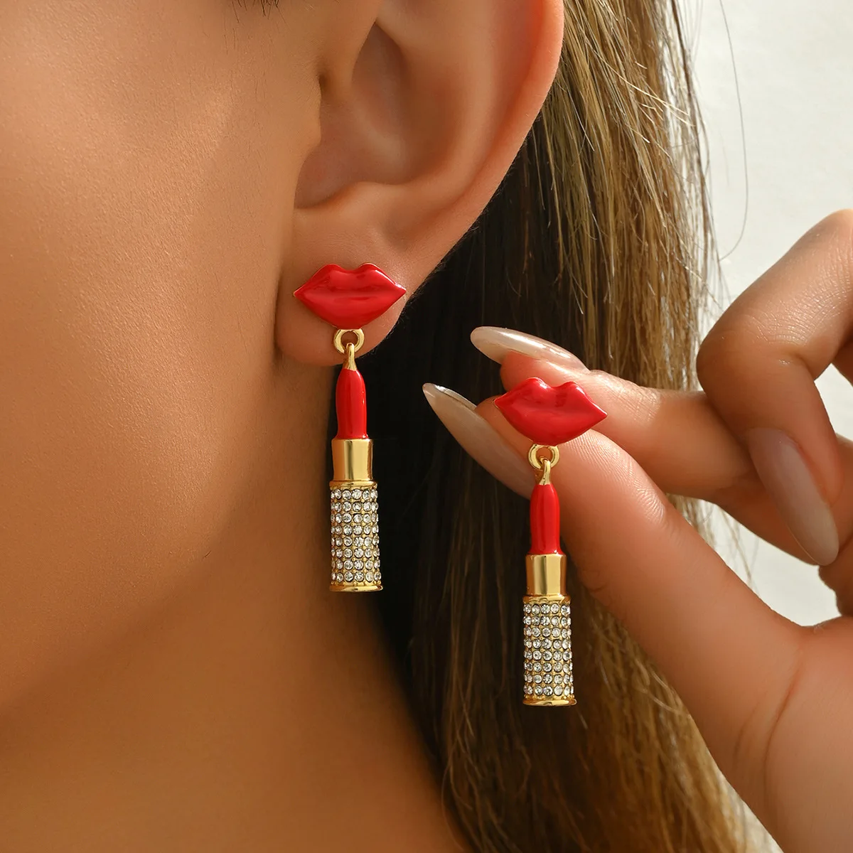 

style women's earrings, personalized lip dripping oil design, diamond-encrusted stud earrings, niche high-end earrings women