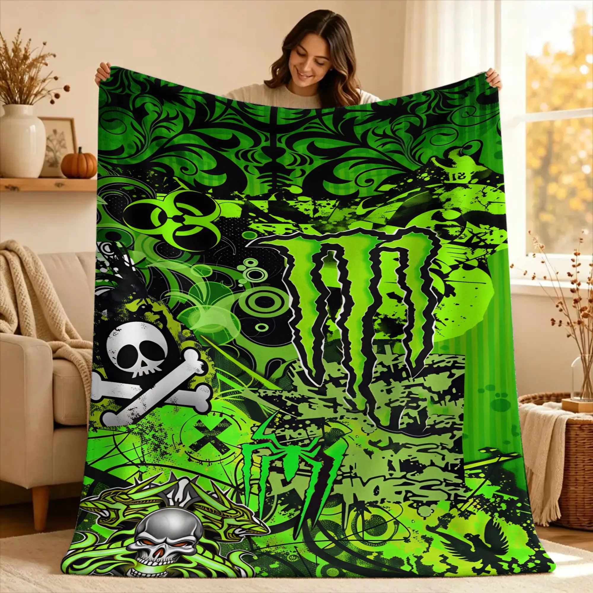M-Monsters Drink-Racing E-Energy Throw Blanket  Flannel Bedspread For Couch Bed Street Trend Sofa Bed Cover