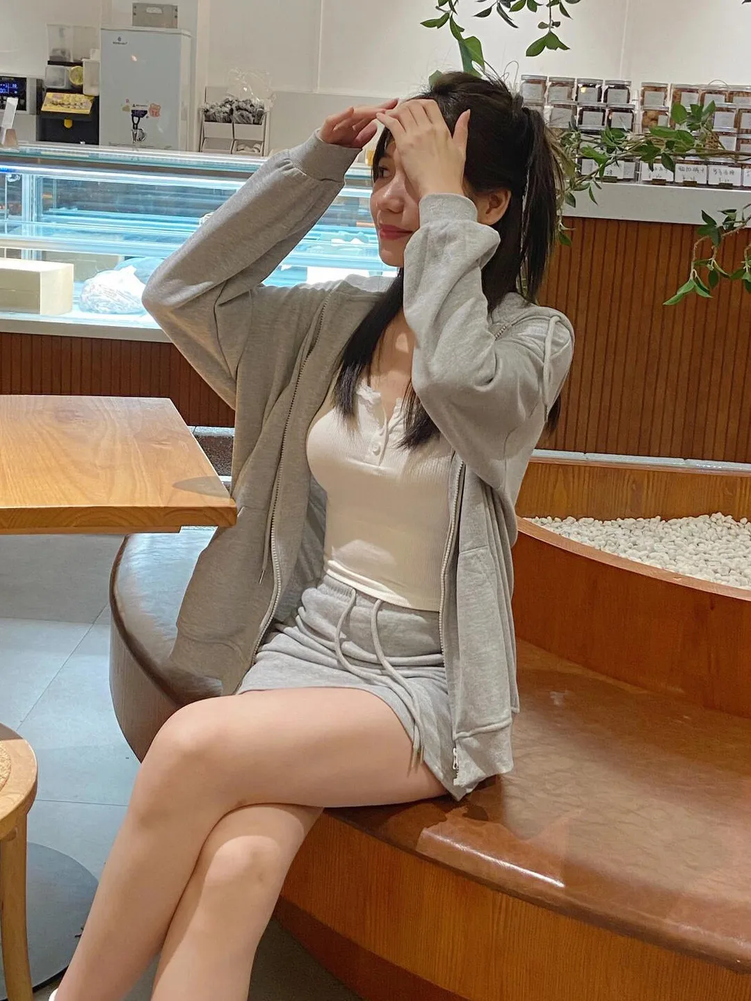 

Early Spring ey Hoodie Jaet Women Loose Lazy Sle Sports ort Skirt One Whole Ootd Matching Set Casual Faion Ensemble