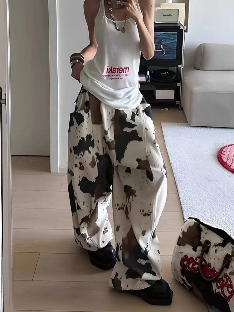 Women Casual Pants 2026 American Retro Cow Print Jeans Women Autumn Lazy Loose Wide Leg Curved Denim Pants Relaxed Fit Trousers