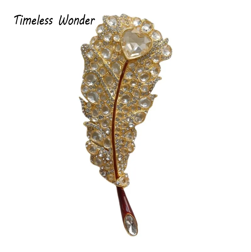 Timeless Wonder Fancy Zircon Geo Feather Brooch Pins for Women Designer Jewelry Runway Top Luxury Cute Rare Gift Oversized  7523