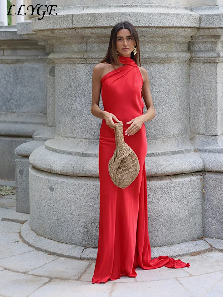 Elegant Women's Ribbon Long Satin Party Dress Halter Backless Sleeveless Female Dresses 2025 Summer Lady Solid Evening Gowns image 4