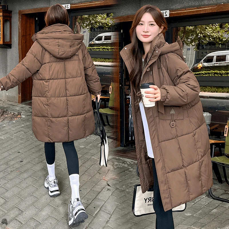 

Новая модная теплая хлопковая куртка с капюшоном, удлиненная, до колен, оверсайз, женская, в корейском стиле, с длинными рукавами, зима 2025
