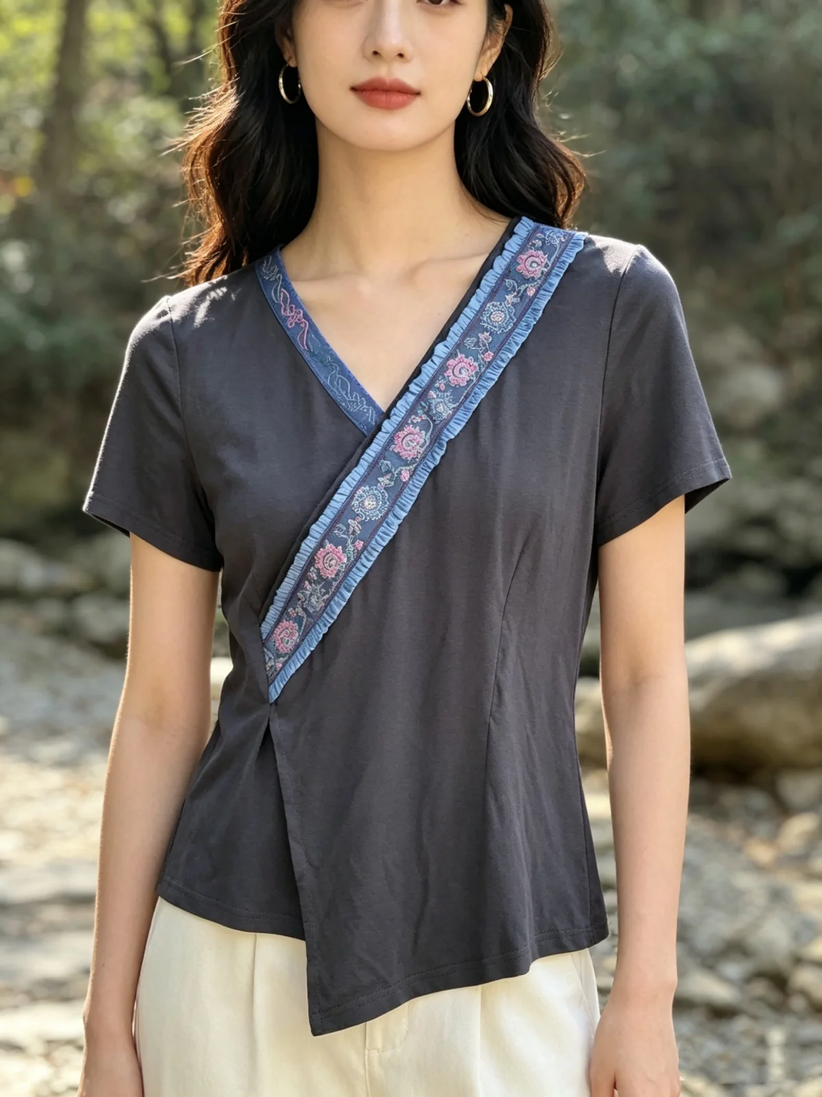 Summer women's t-shirt Black bamboo fiber Short sleeves tees National style embroidery strecth tops Hign quality clothes