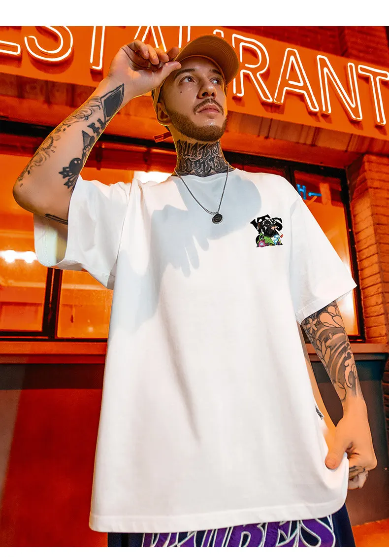 Summer New American Retro Style Men Black White Cartoon Dog Letter Print Round Neck Half Sleeve T-Shirt for Casual Streetwear