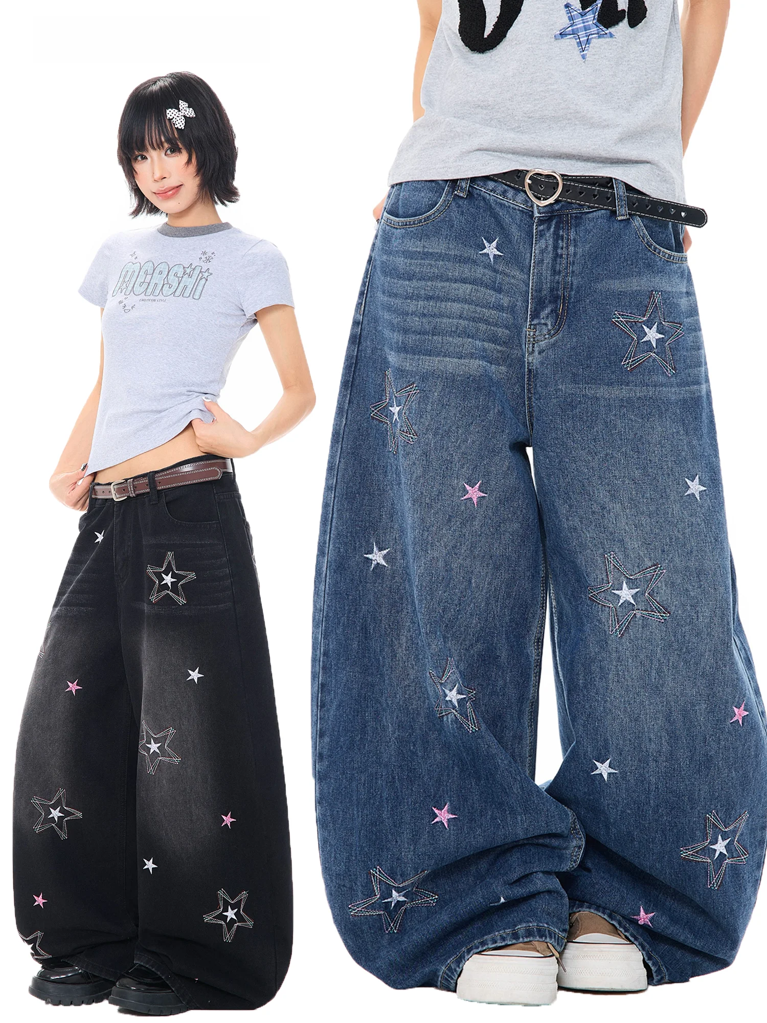 

Retro American MKGO Star Embroidery Wide Leg Jeans Women's Loose Design Sense Bend Knife Denim Pants Cotton Polyester Blend