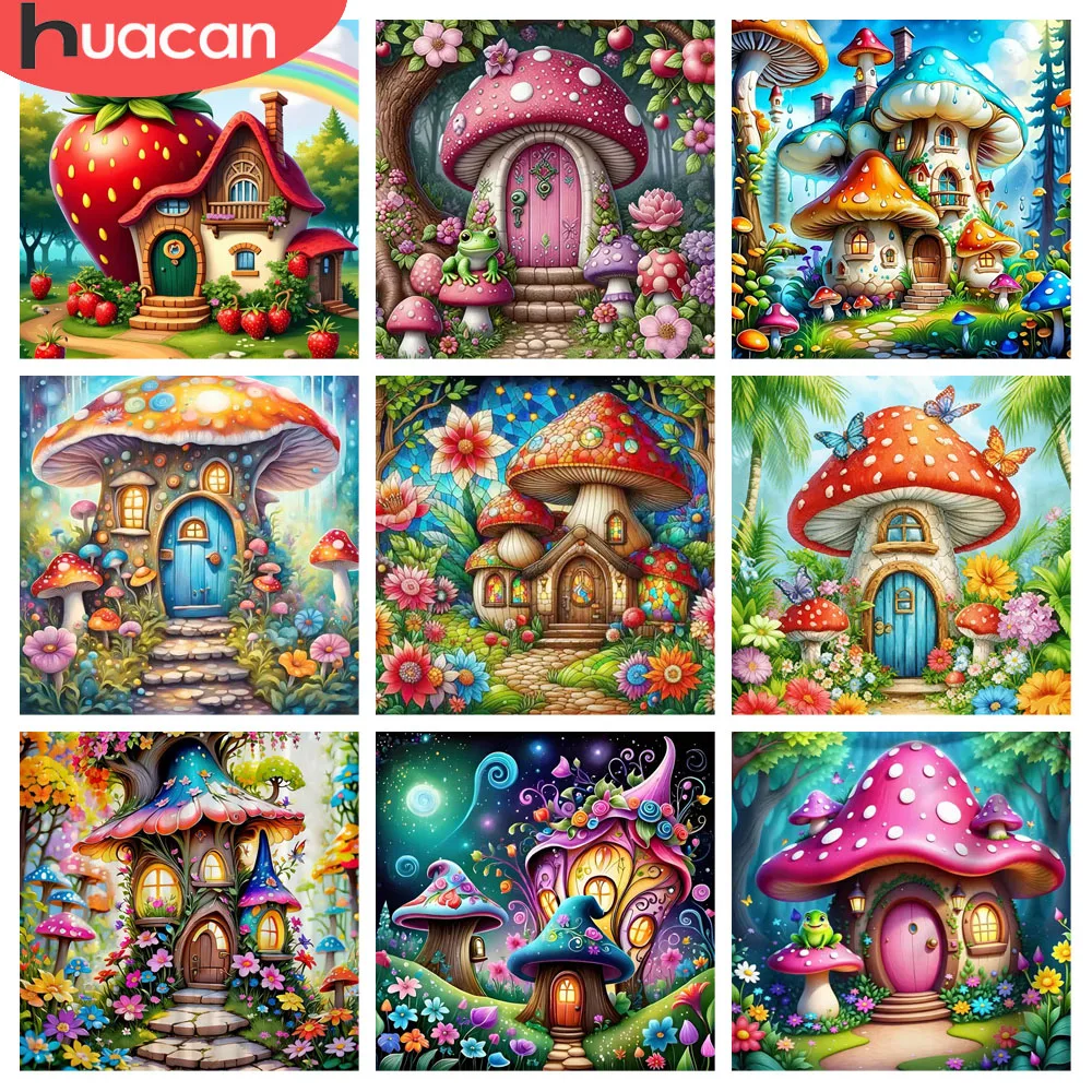 HUACAN Diamant Malerei Haus Landschaft 5D Diy Wald Diamant Mosaik Pilz Erdbeere Voll Platz Runde Hause Wand Dekor