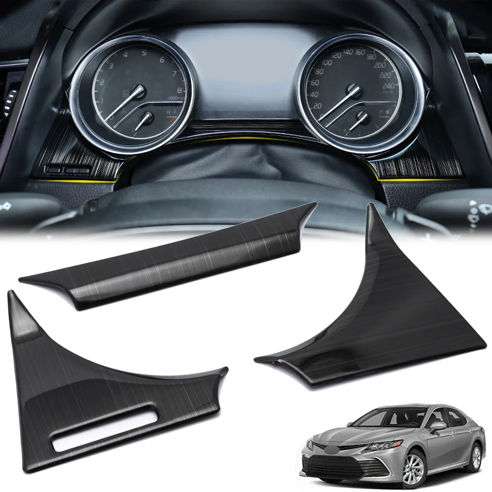 3pcs Black Titanium Interior Dashboard Panel Meter Surrounding Cover Molding Trims For Toyota Camry 2018-2024 XV70