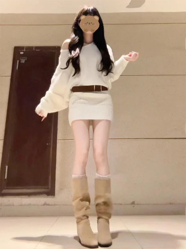 

Корейское вязаное платье-миди с длинными рукавами и запахом, женское, осенне-зимнее, новое, с завышенной талией, стройнящее, свободного кроя