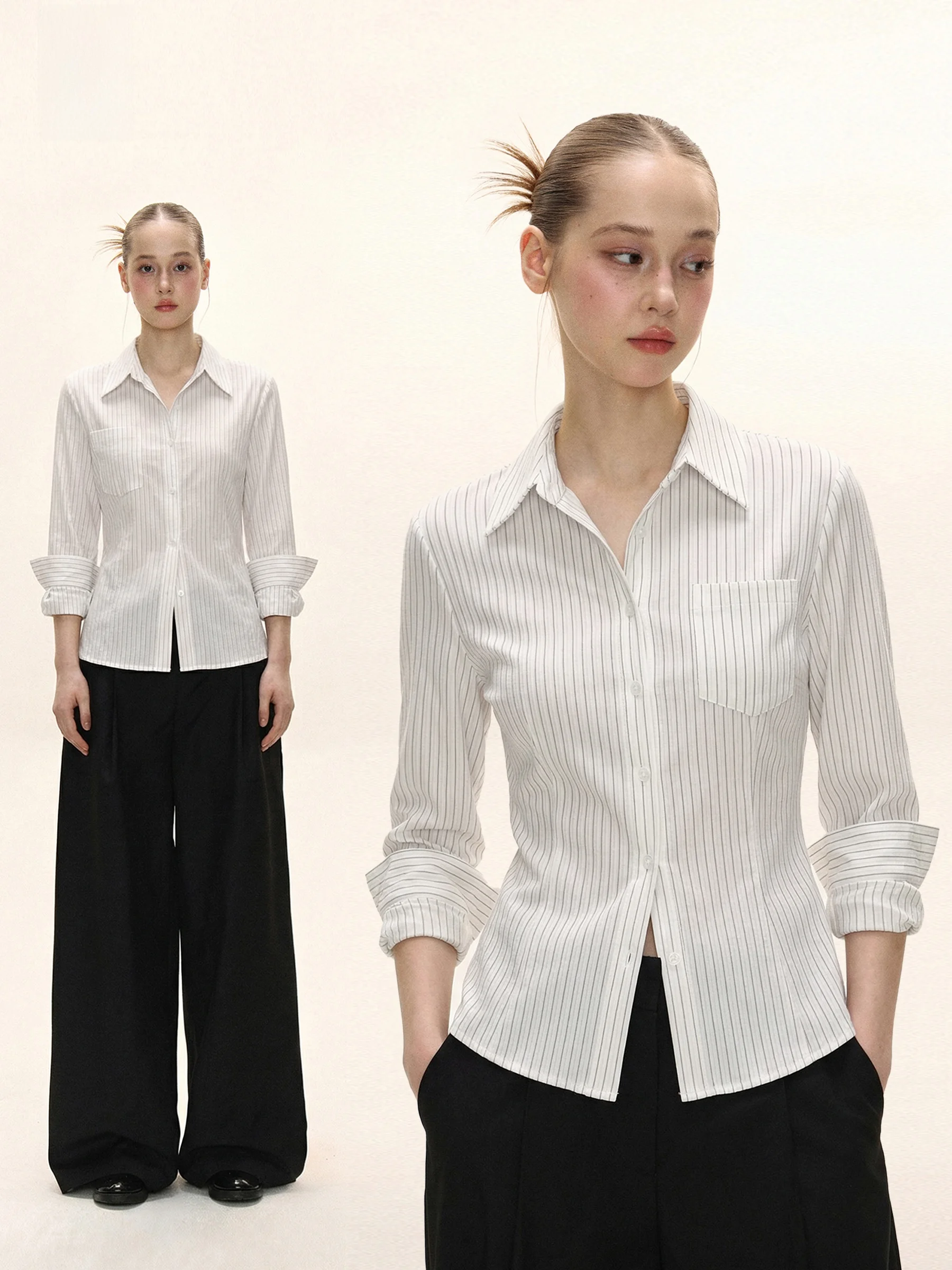 

Американский топ в полоску с эффектом утяжки на талии, женский, весенний, с отворотом на плечах, базовый, приталенный, для стройности, в стиле Sweet and Spicy