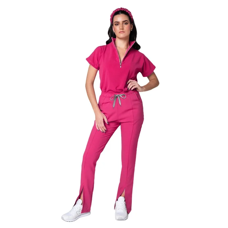 2025 Beauty Salon Uniform Set with Zipper Slit New Style Scrub Top