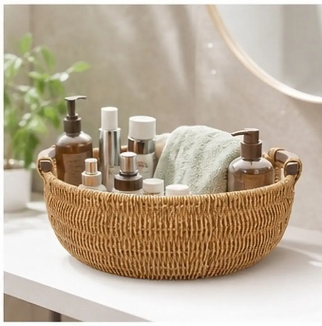 Woven Basket Double Handles Imitation Rattan Storage Basket Desktop Organizer Kitchen Fruit Bread Tray Household Storage