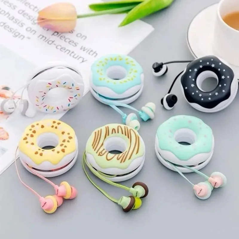 1pc fones de ouvido com fio engraçado original kawaii dos desenhos animados donuts fone de ouvido disponível em várias cores presentes para estudantes meninas