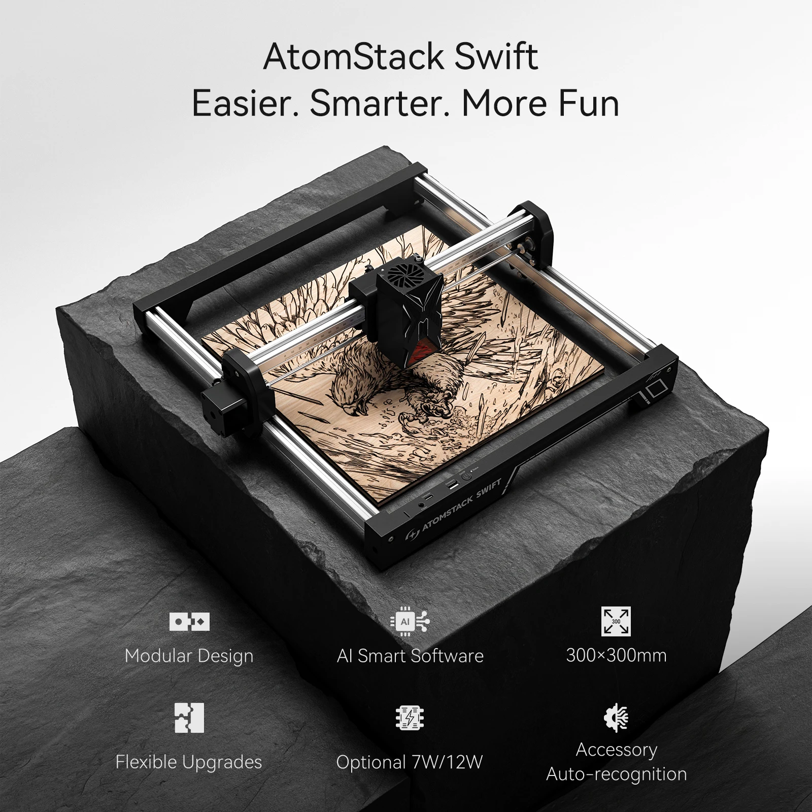 

​ ​ ATOMSTACK SWIFT Лазерный гравер и резак 7 Вт с рабочей зоной 300x300 мм Модульная конструкция для быстрой настройки Smart AtomSt