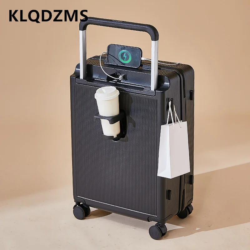 KLQDZMS 20 Inch Luggage with Wheels ABS+PC Boarding Case 24" USB Charging Trolley Case with Cup Holder Rolling Travel Suitcase