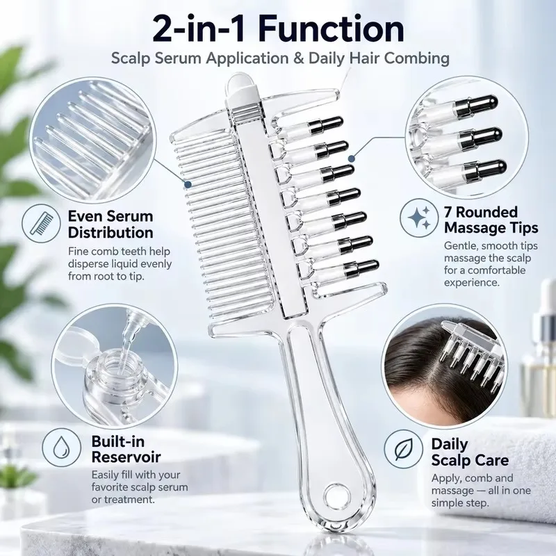 2-in-1 Scalp Applicator Comb with 7 Rolling Massage Tips Multi-Function Scalp Liquid Applicator Anti-Frizz Hair Care Comb Gift