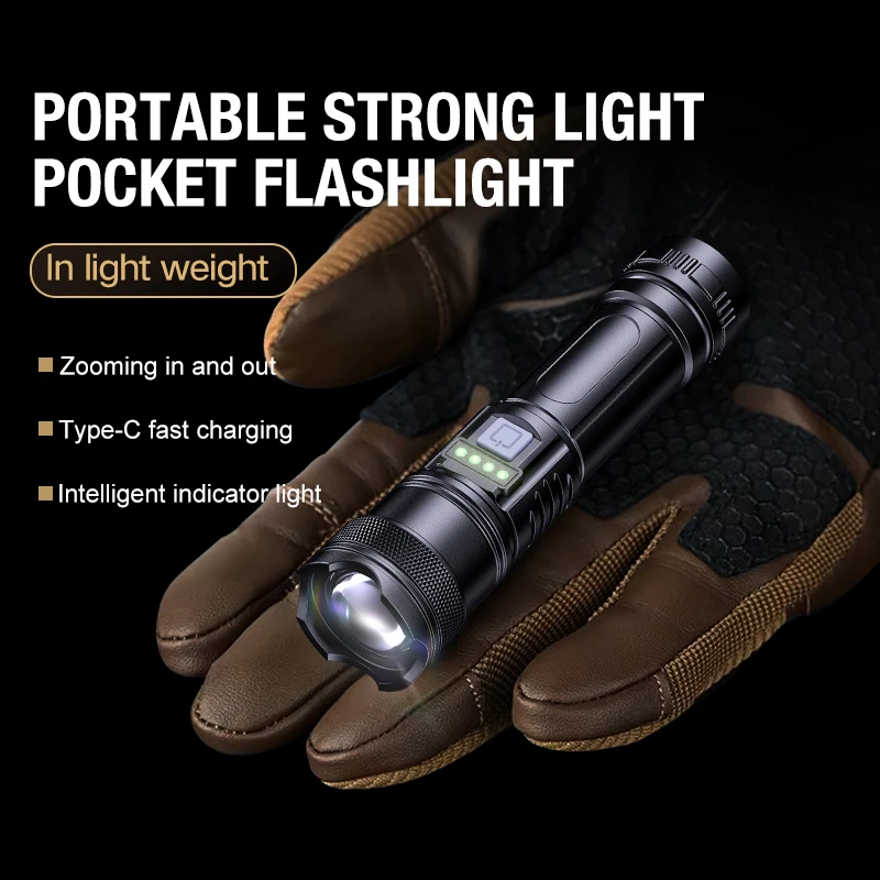 Mini Portable Adjustable Focus Flash Flashlight Type-C Rechargeable Strong Light Outdoor Camping Emergency Small Flashlight