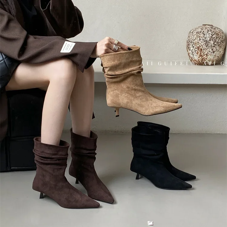 

Vintage Pointed Toe Women Ankle Boots Autumn Ladies Concise Thin Heels Slip On Short Botas Winter Shoes Suede Zapatos De Mujer