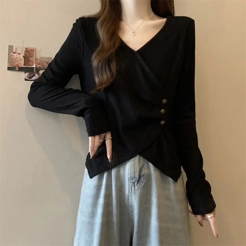 Plus-size Women's Autumn And Winter New Casual Versatile Loose Slimming Ribbed Irregular Long-sleeve T-shirt