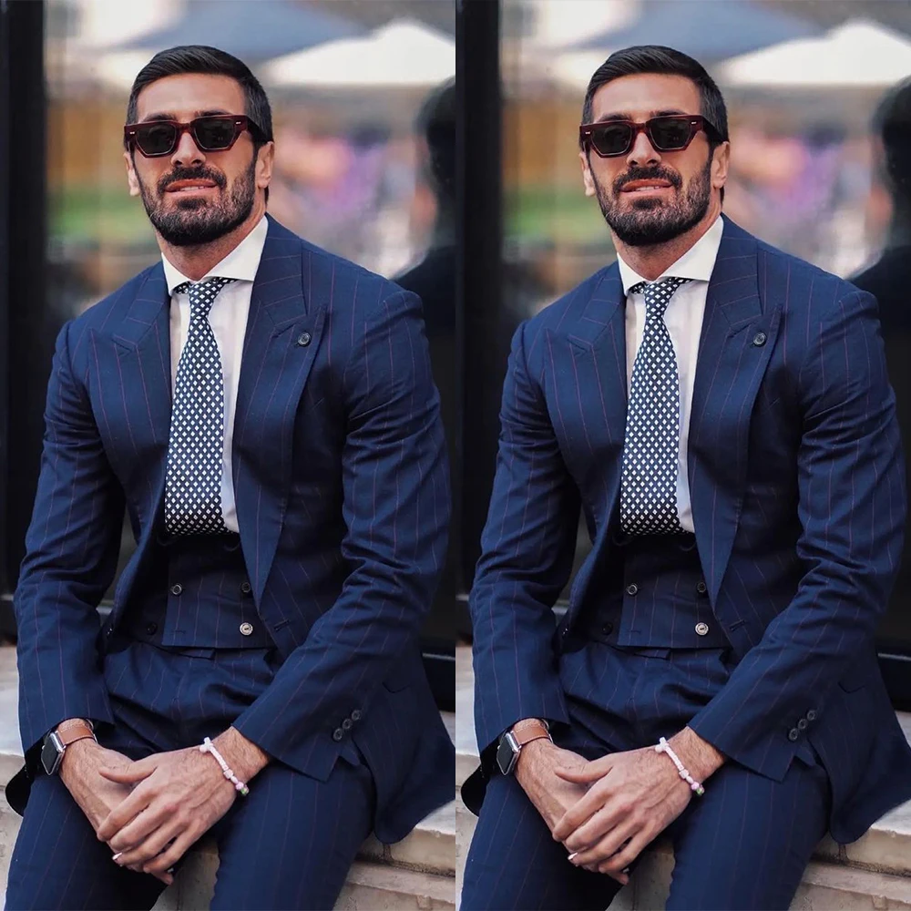 

Dark Blue Newest Handsome Stripe Men Suits 3 Pieces Blazer Vest Pants Single Breasted Vintage Tailored Fit For Best Men Casual