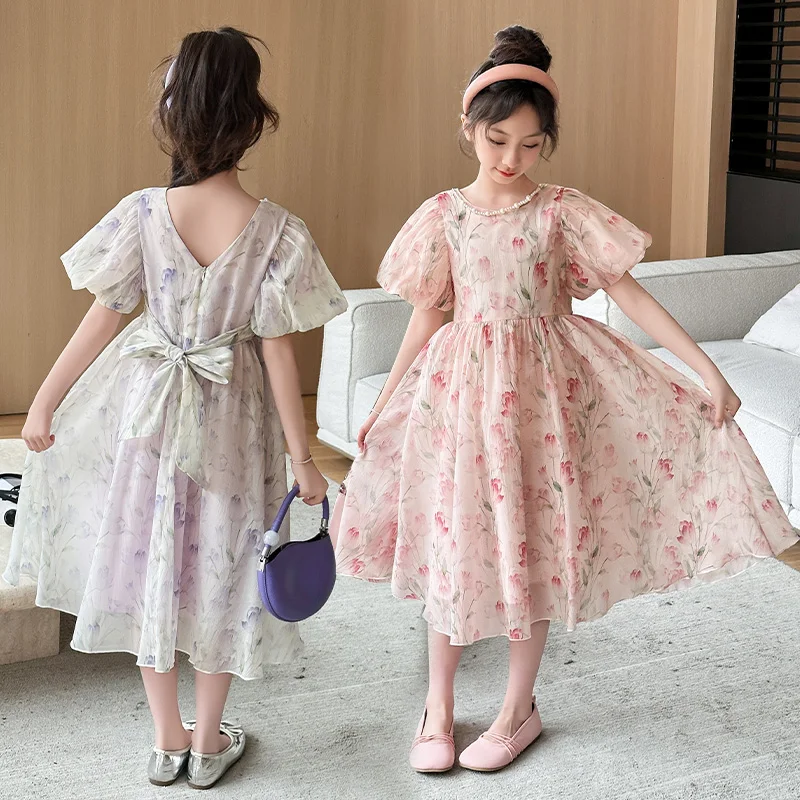 Summer Sweet bubble Sleeves Teenager girls Tulip Dress Pink purple mesh princess dresses robe fille enfant 10 12 14 kids clothes