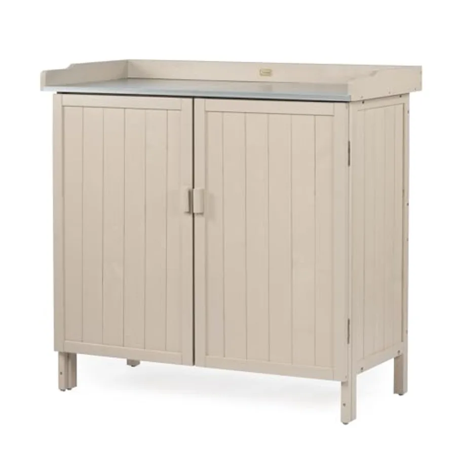 Outdoor Storage Cabinet with Potting Bench and Metal Tabletop, Wooden Planting Workstation for Garden Patio, Weatherproof
