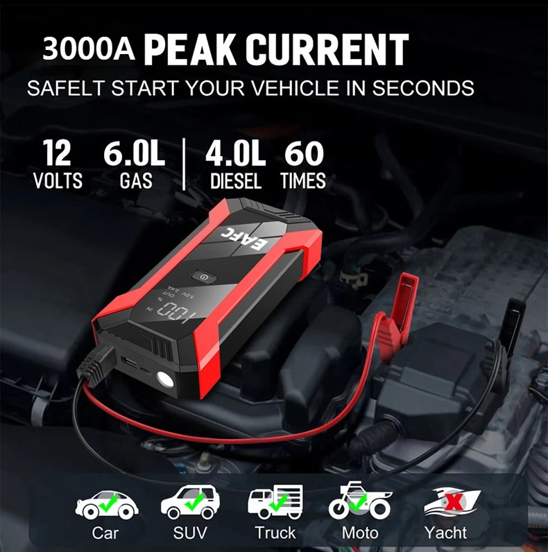 EAFC 3000A Auto-Starthilfe, leistungsstarke Powerbank, Autobatterie-Booster, 12V Auto-Startgerät für Benzin 6.0L, Diesel 4.0L – Detail 7