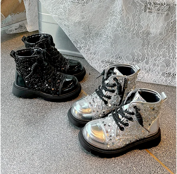 New Autumn Winter Fashion Sequined Girls' Short Boots Princess High-top Short Boots Children Fashion Leather Boots