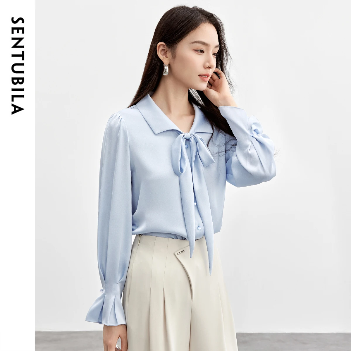 SENTUBILA Women Bow Tie Shirt 2025 Spring Fall Office Lady Petal Sleeve Satin Draped Shirts & Blouses Female Clothes 151C57896