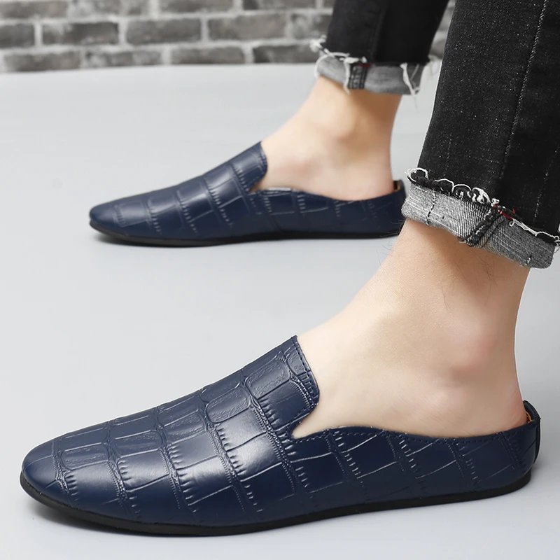 New Genuine Leather Men Slippers Summer Soft Breathable Casual Mules Light Half Shoes For Men Outdoor Anti-slip Driving Loafers