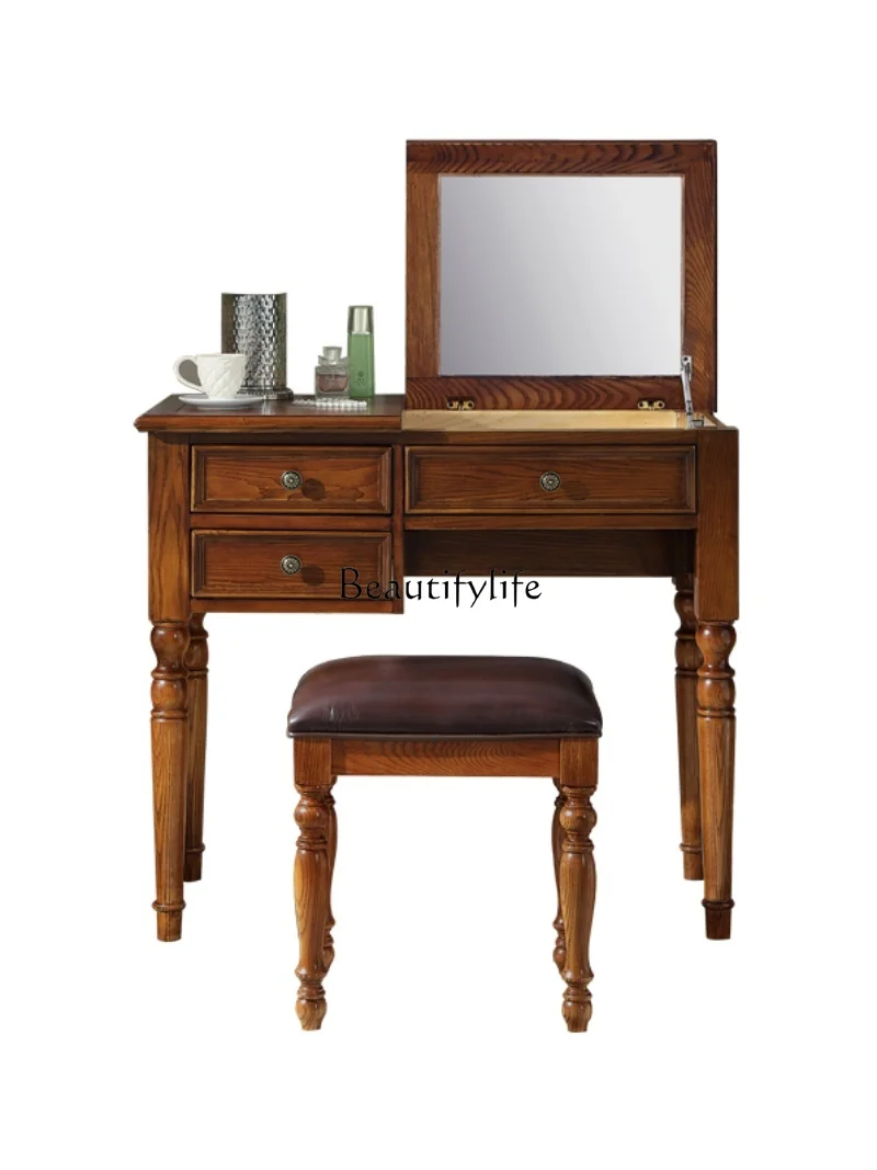 American Country Ash Dressing Table Storage Makeup Cabinet Flip with Makeup Mirror