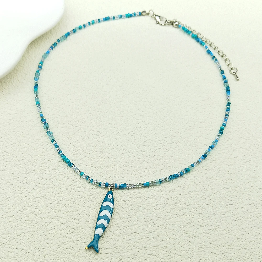 Bunte Fisch Anhänger Halskette für Frauen Mädchen handgemachte gewebte Perlen Dopamin Farbe Meer Party Sommer Mode Kette Halsband Schmuck – Detail 5