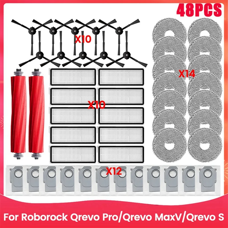 

48 шт. щетка-фильтр, мешок для пыли и комплект ткани для швабры для пылесоса Roborock Qrevo Pro Qrevo Maxv Qrevo S, запасные части