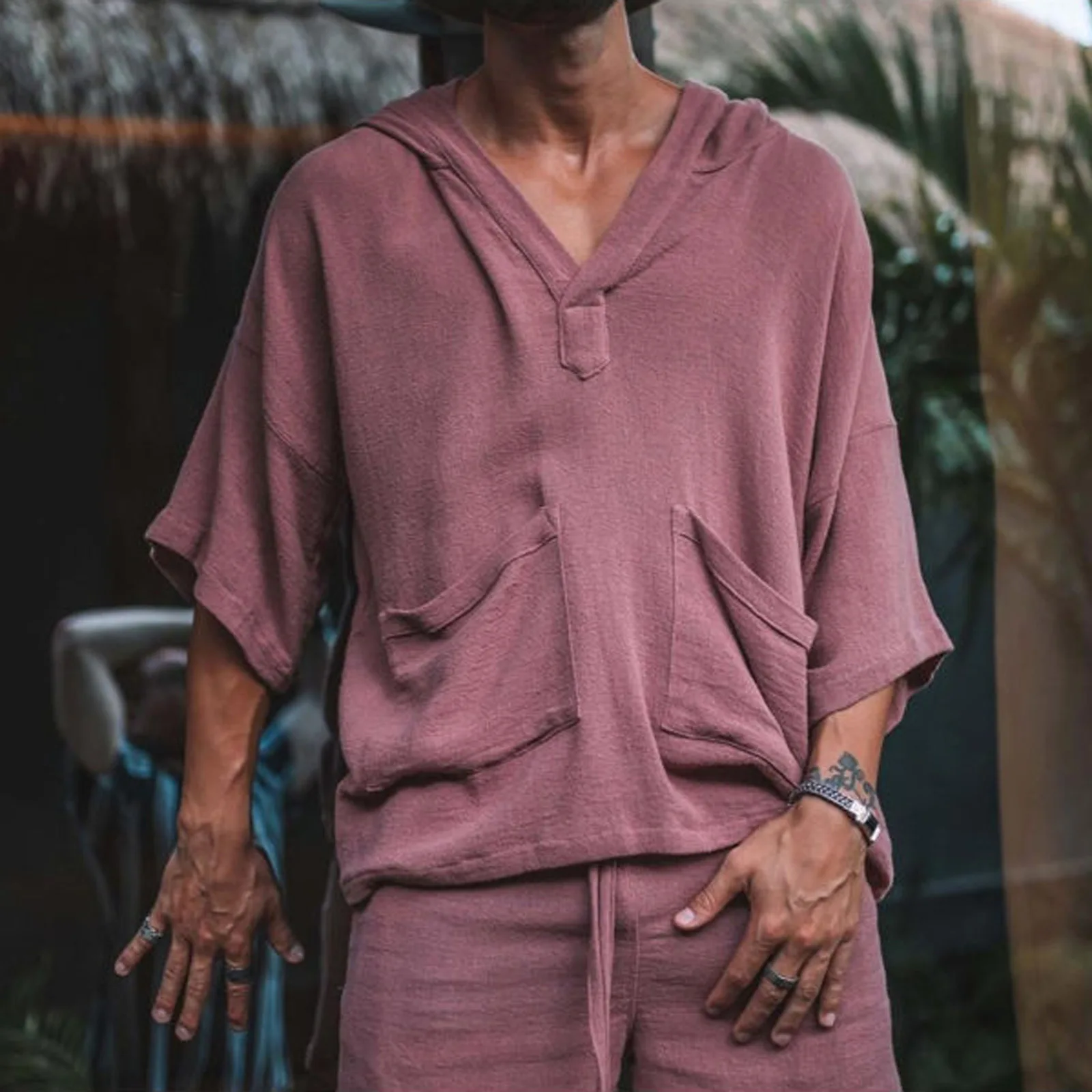 

Men Sets Half Sleeve Shirts Hooded Tops Spliced Pockets Blouses Knee Length Drawstring Pants Loose Solid Summer Sports 2025