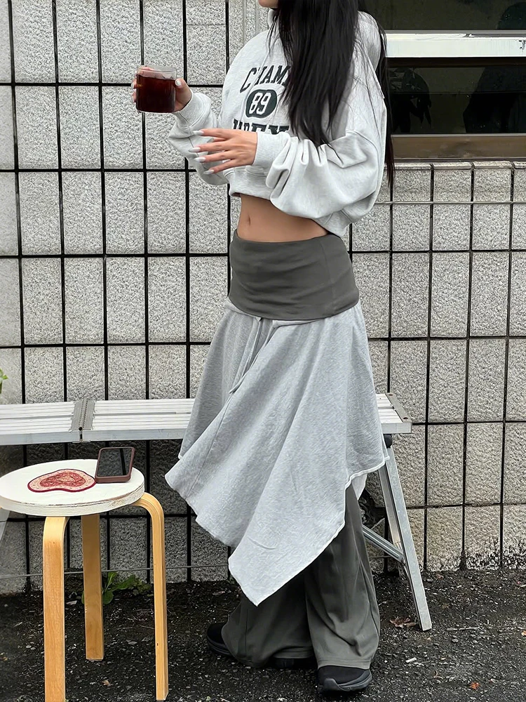 

Cutenew Casuals Hooded Letter Print 2 Piece Set Women Chic Shirring Full Sleeve Crop Top+Patchwork Irregular Hem Streetwear