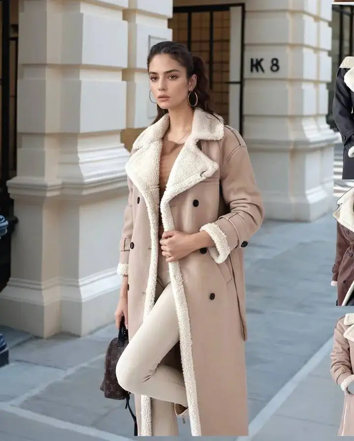 Women's Classic Fur Lined Leather Coat Winter High End Fashion Elegant Commute Style Loose Fit Long Sleeve Polyester Blend