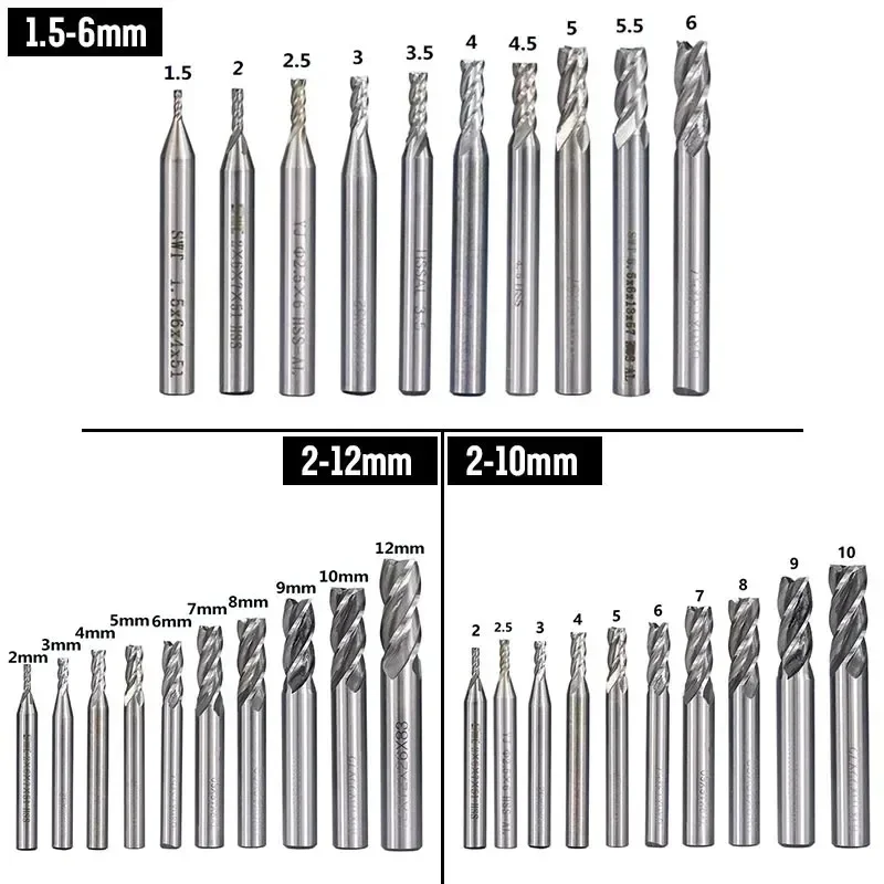 

10Pcs HSS 4-Flute End Mill Set 1.5-12mm CNC Router Bits Straight Shank Milling Cutter for Wood Metal Plastic Engraving Carving