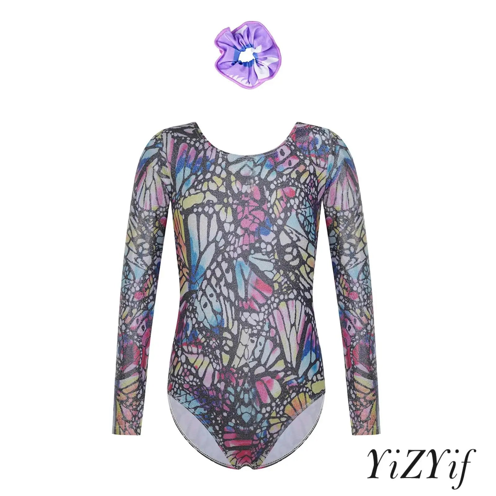 

Kids Girls Gymnastics Ballet Dance Outfit Long-sleeve Shimmery Printed Leotard with Hairband for Dance Training Performance