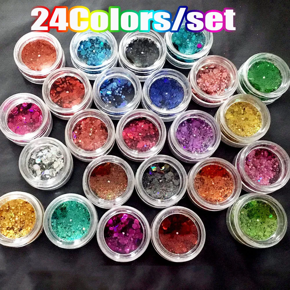 24Pcs Christmas Holographic Chunky Glitter Sequins 3g*24pcs Colorful Sparkly Hexagon Sequins 1*Set Mixed Color Manicure Sequis