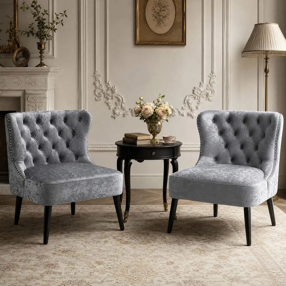 

Upholstered Velvet Wingback Accent Chairs Set of 2, Comfortable Living Room Furniture with Black Wood Legs, Suitable for Small S