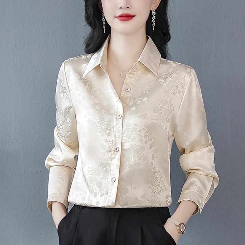 

Elegant OL Work Satin Silk Shirt Women Blouse Flower Jacquard Long Sleeve White Basic Party Shirt Spring Autumn Long Sleeve Top