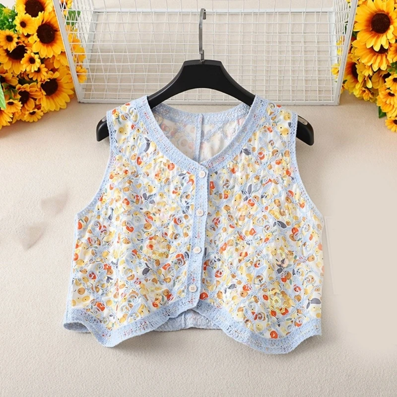 Sleeveless Open Front Cardigans Vests Lightweight Florals Embroidery Cardigans