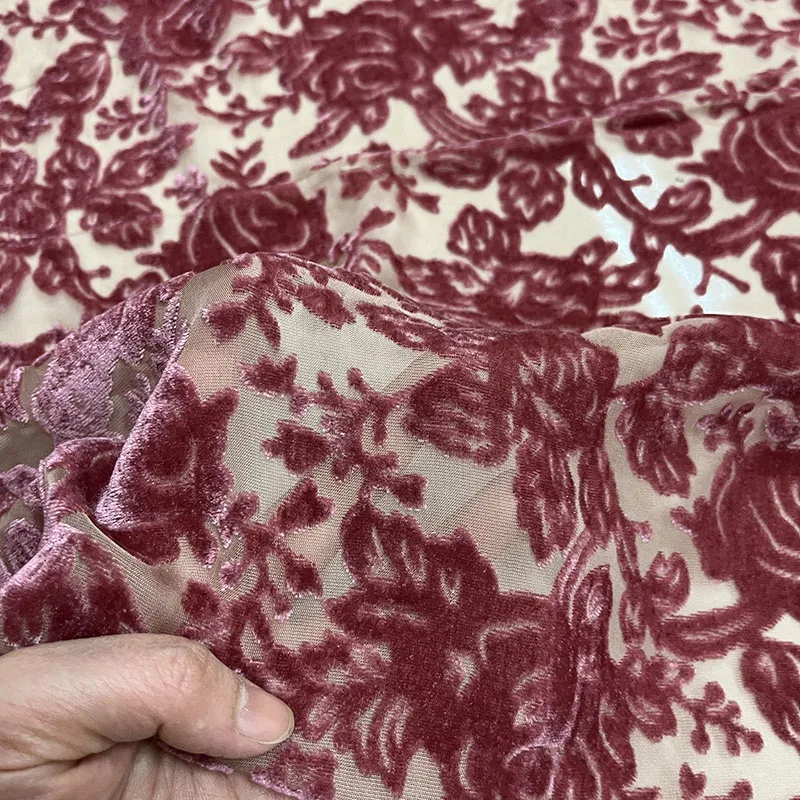 Chinese-style Silk Velvet Fabric - Red Rose Cut-out Embossed MulberrySilk for Dresses (110cm Wide,Luxurious Sewing Material)
