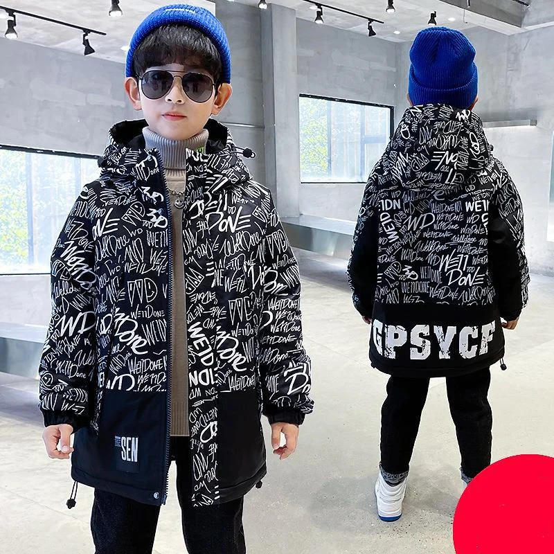 Boys Coat Jacket Overcoat Cotton 2022 Printed Warm Plus Velvet Thicken Winter  Christmas Children\'s Clothing