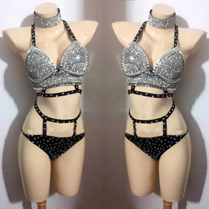

Бикини с серебряными кристаллами и бриллиантами, сексуальное женское бикини с блестящими стразами, DJ, джазовый костюм, наряд для выступления на сцене, XS4216