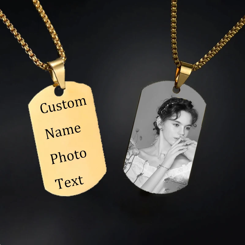 Stainless Steel Jewelry Mens Custom Engraved Name Photo Animal Necklace for Women Personalized Square Pendant Family Party Gift