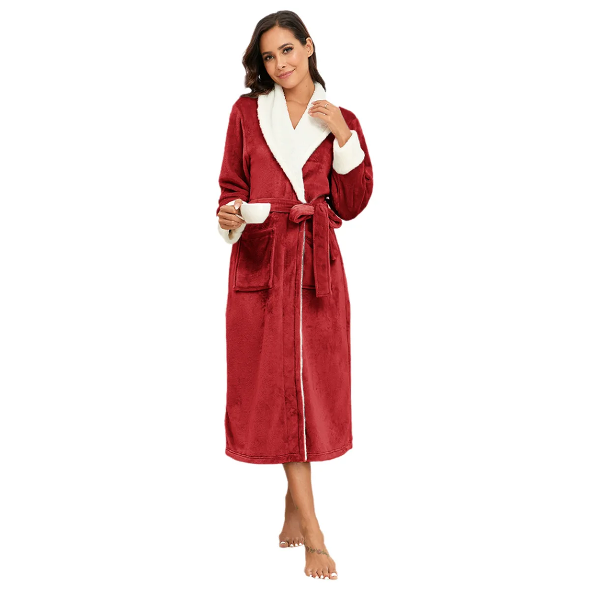 

Red Plush Long Robes Womens Soft Warm Fleece Bathrobe Fuzzy Flannel Robe House Coat Soft Sleepwear with Pockets Loungewear S-XXL